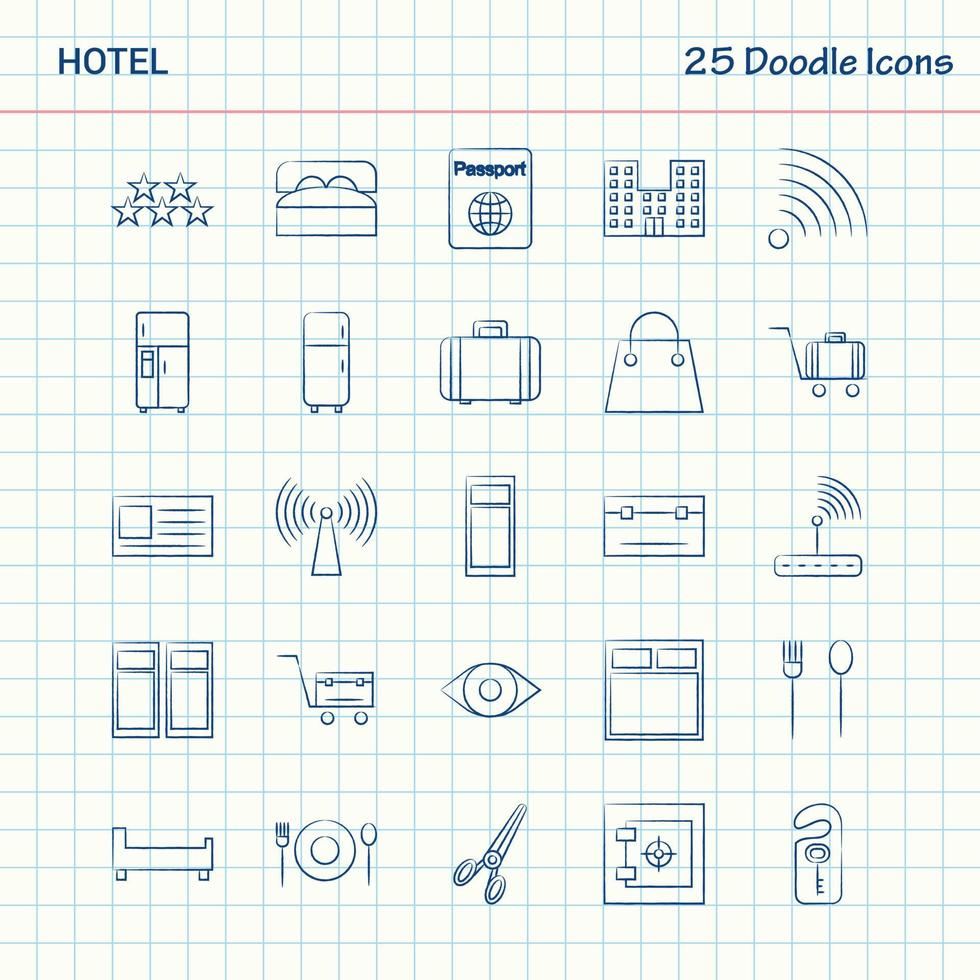 Hotel 25 Doodle-Symbole handgezeichnetes Business-Icon-Set vektor