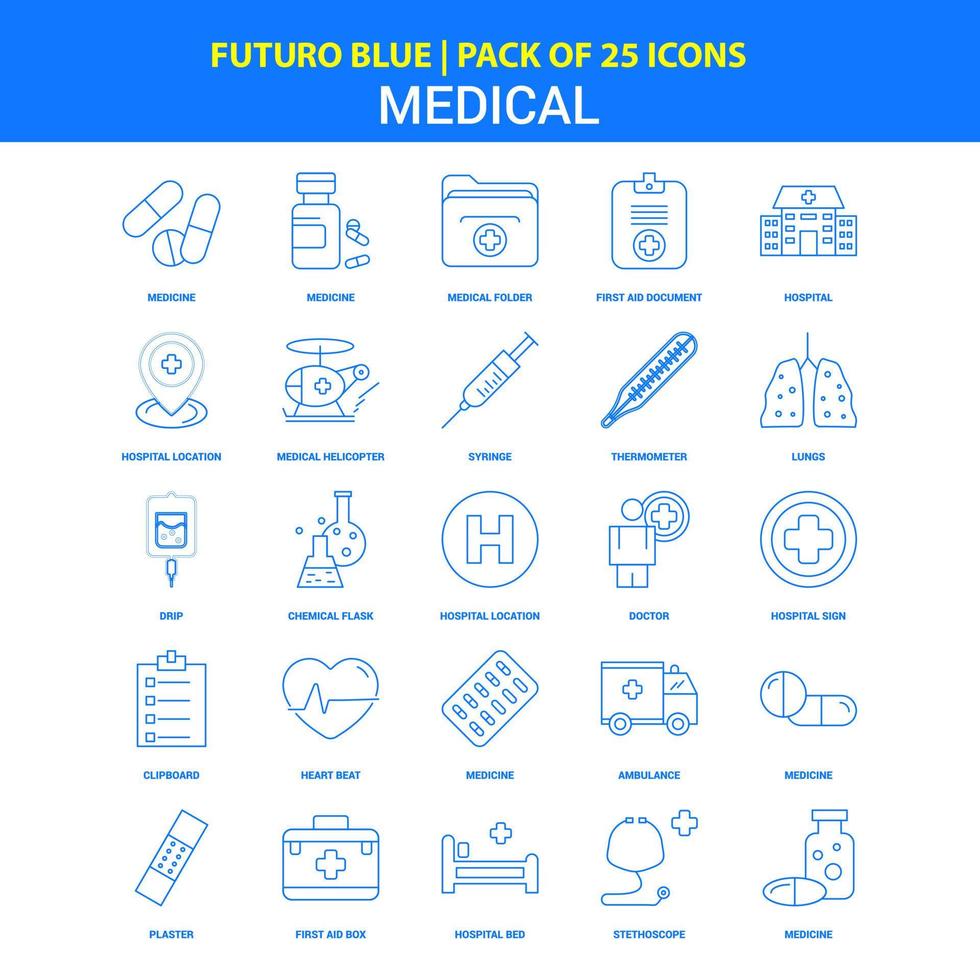 medicinsk ikoner futuro blå 25 ikon packa vektor