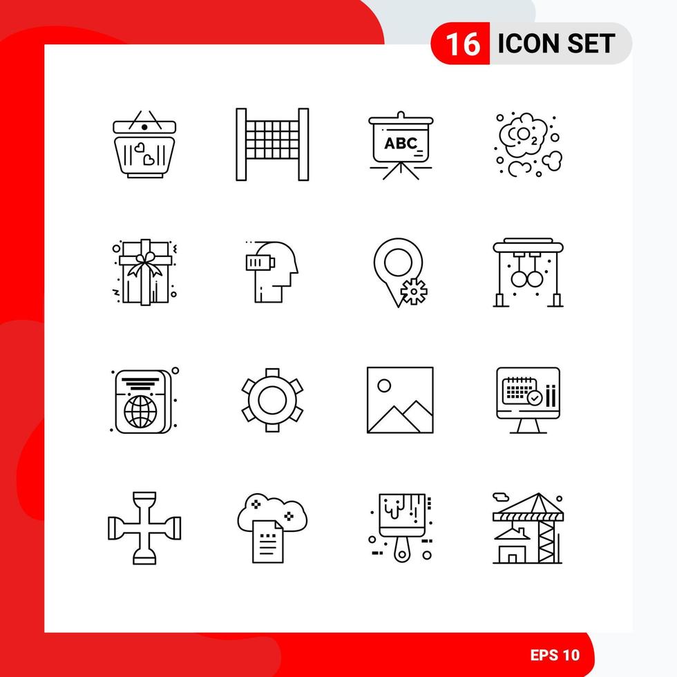 Stock Vector Icon Pack mit 16 Zeilenzeichen und Symbolen für Erschöpfung vorhanden Schultasche Geschenk Dioxid editierbare Vektordesign-Elemente