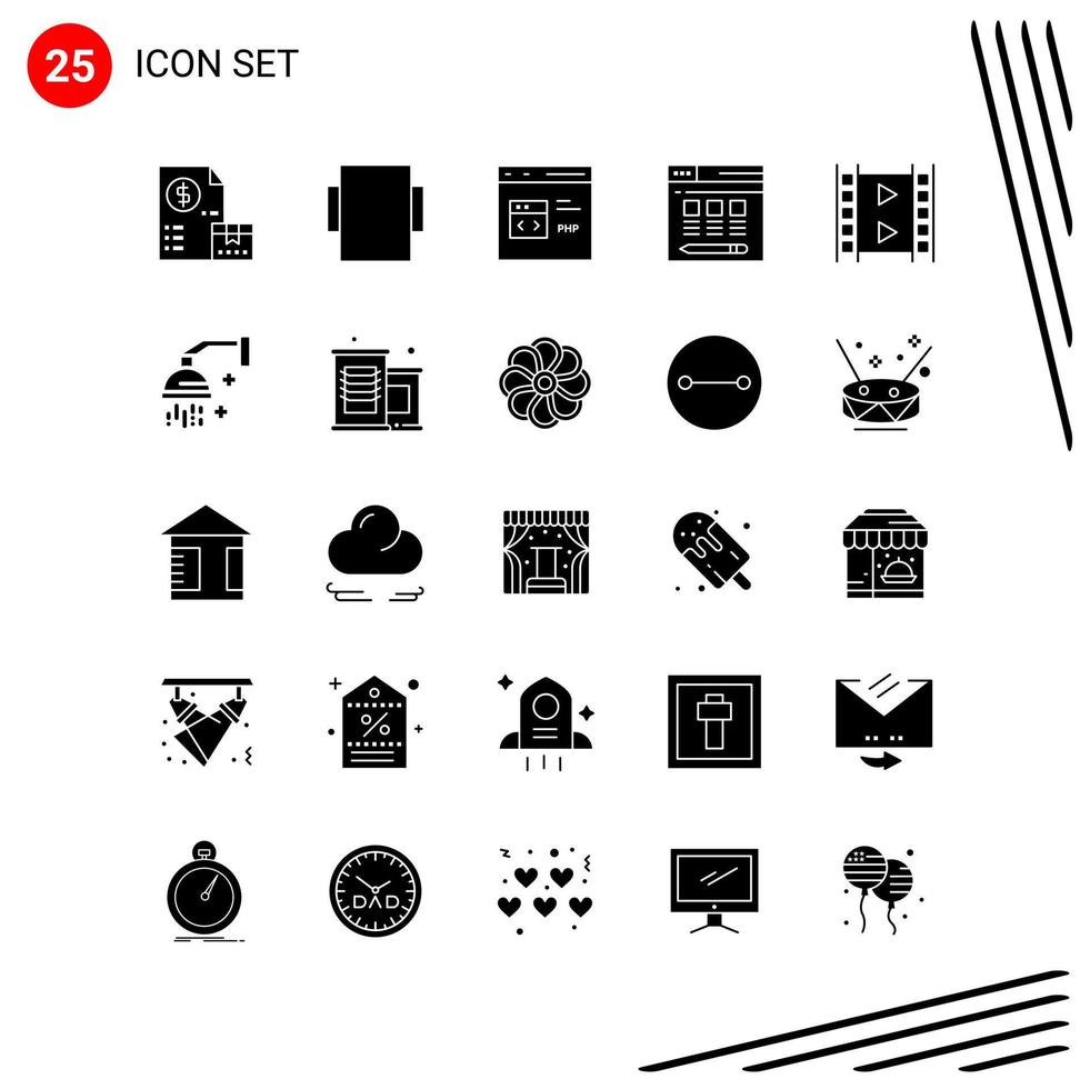 Sammlung von 25 Vektorsymbolen im soliden Stil Pixel perfekte Glyphensymbole für Web und mobile solide Symbolzeichen auf weißem Hintergrund 25 Symbole kreativer schwarzer Symbolvektorhintergrund vektor