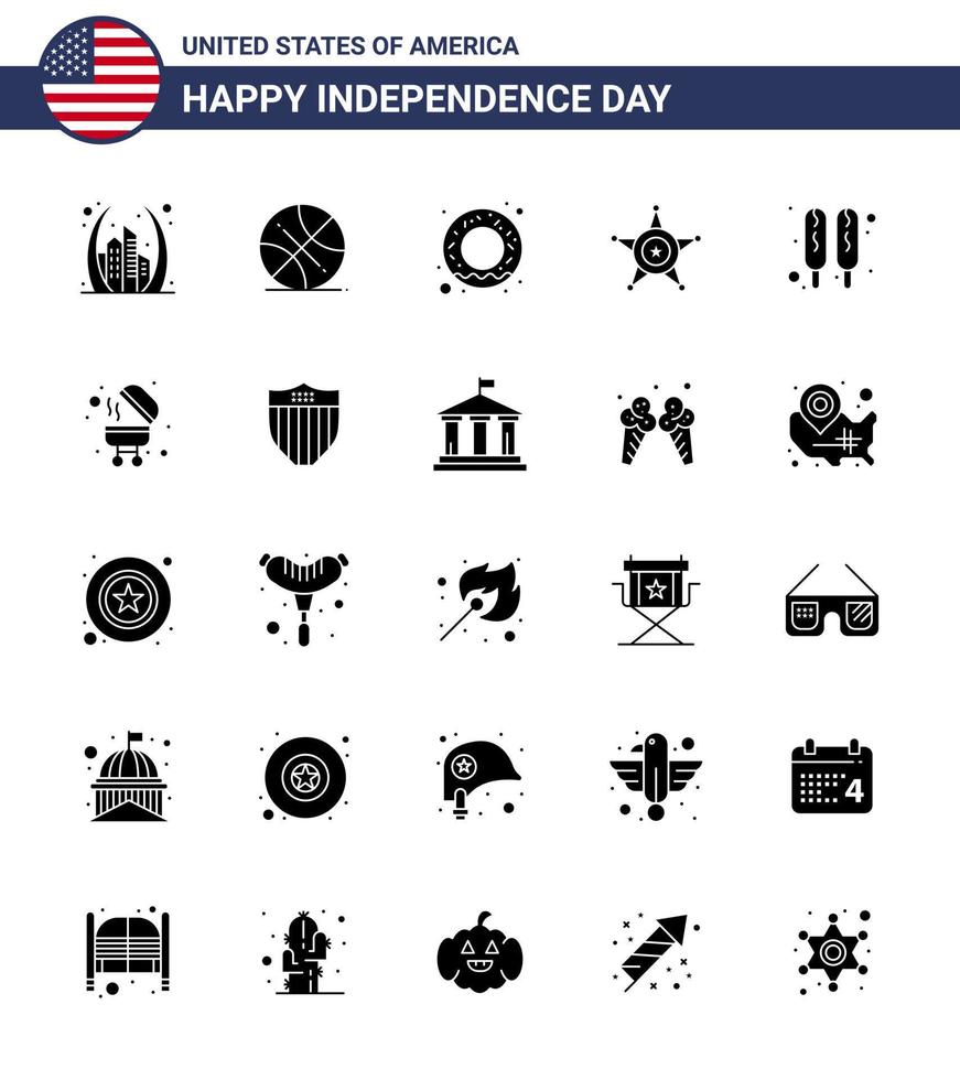 USA Lycklig oberoende dag piktogram uppsättning av 25 enkel fast glyf av varm hund USA USA stjärna män redigerbar USA dag vektor design element
