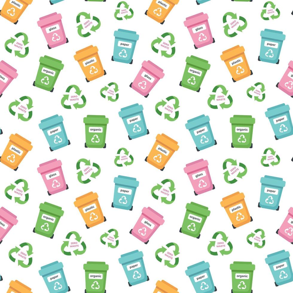 Null-Abfall-Konzept nahtlose Muster mit Mülltonnen und Recycling-Schild. nachhaltiger lebensstil, ökologisches konzept. Vektorillustration im Cartoon-Stil vektor