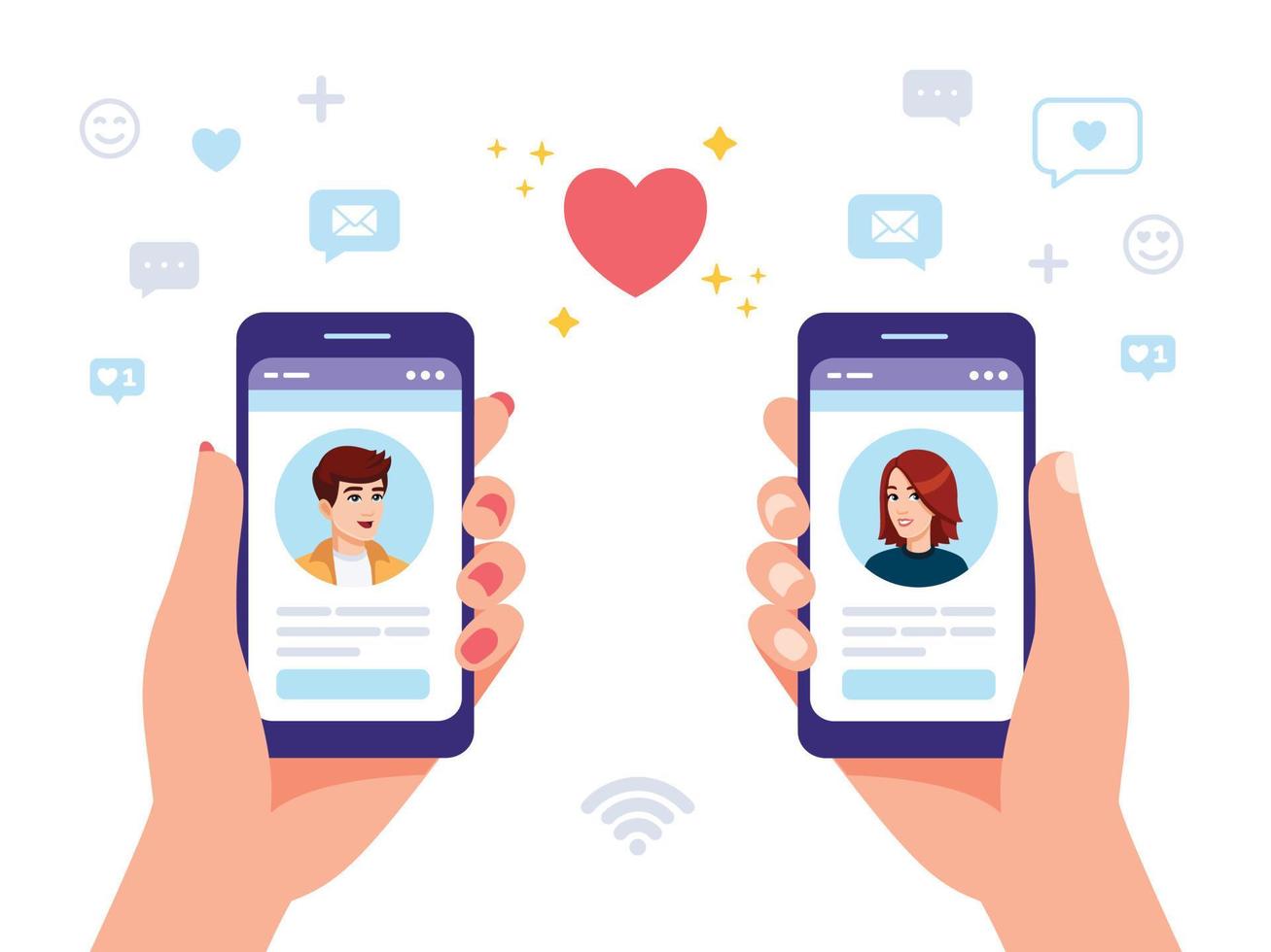 en man och en kvinna är innehav smartphones med profiler av varje Övrig i en dejting service Ansökan. virtuell relation, social media dejta, platt stil illustration vektor