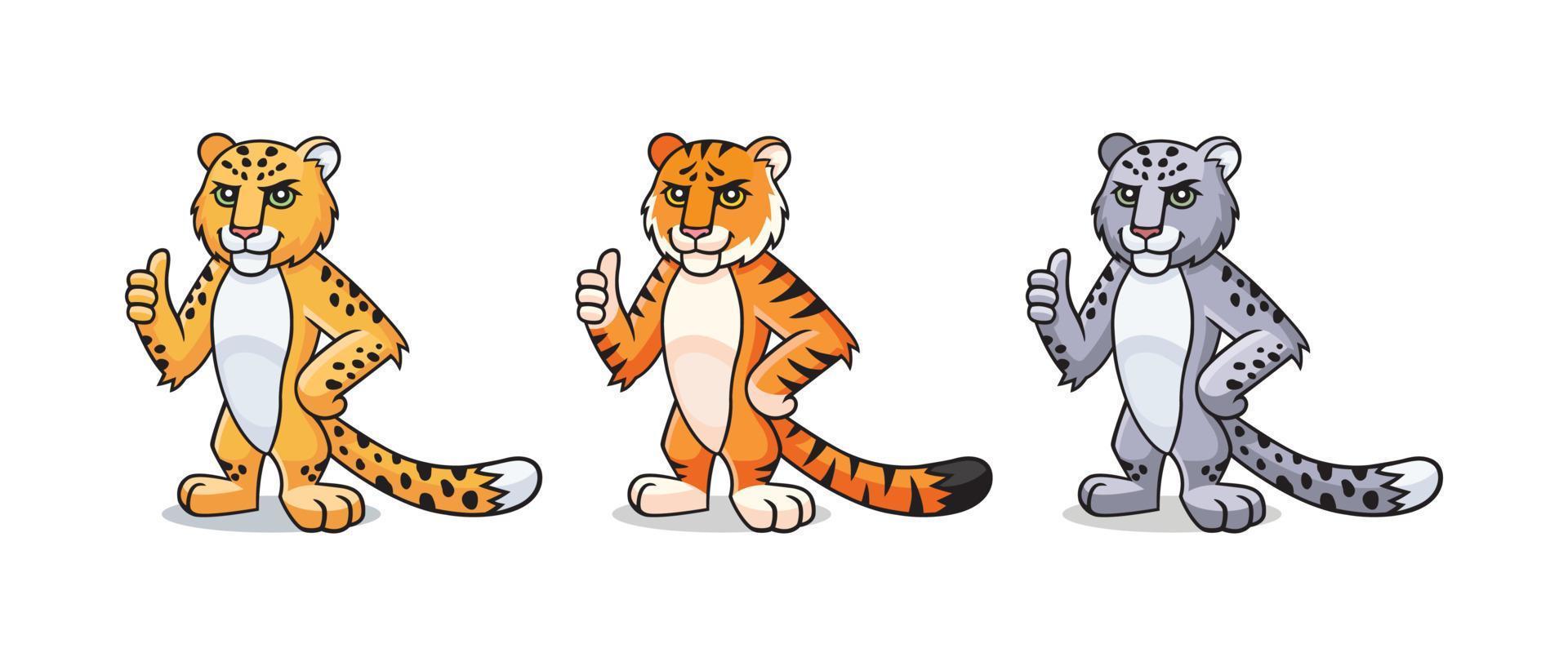 tiger, leopard, schneeleopard charakter zeigt daumen hoch, zu schätzen. Vektor-Cartoon-Comic-Doodle-Illustration, Maskottchen, Charakter, Symbol, Logo. Panteras gesetzt vektor