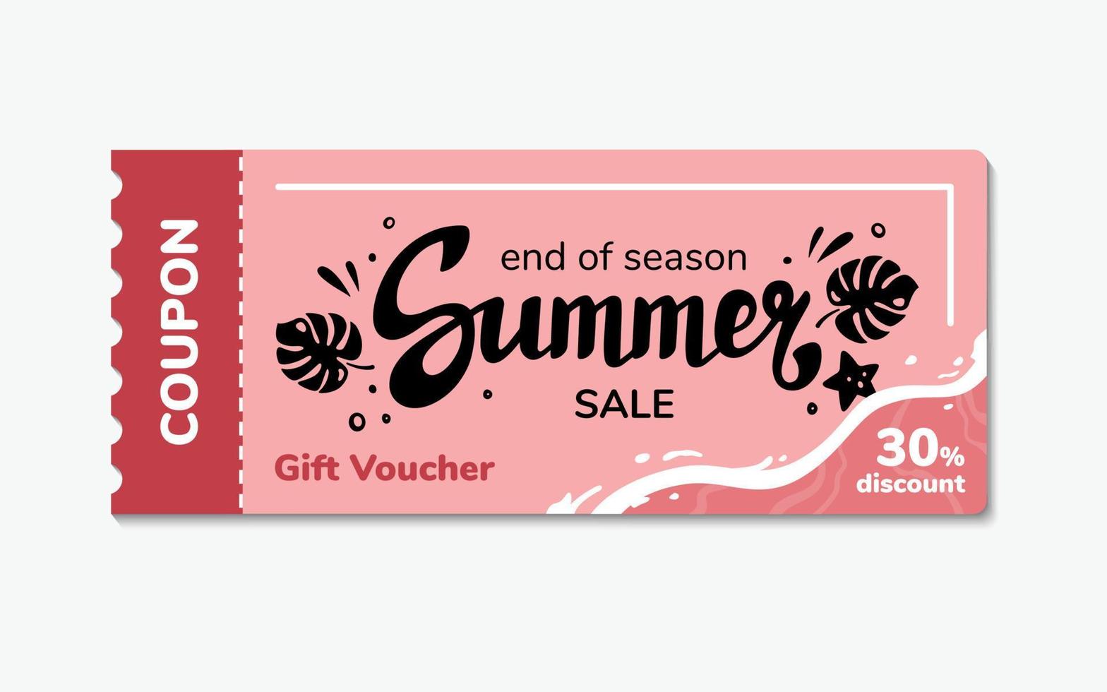 sommar slutet voucher kupong med text, logotyp, skriva ut, märka. sommar försäljning design mall, vektor illustration. rabatt märka med monstera löv.