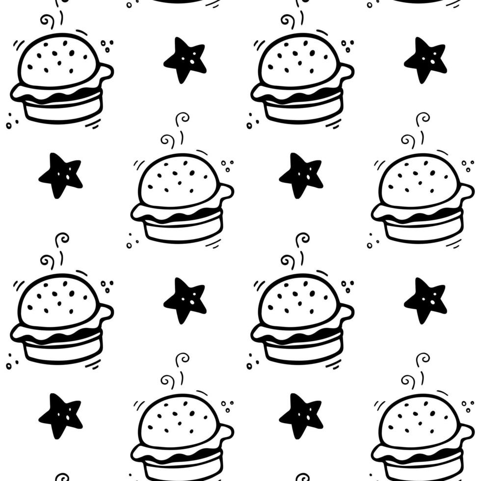 hand gezeichnetes nahtloses muster des burgers. Comic-Doodle-Sketch-Stil. Vektor-Fast-Food-Illustration. skizze von hamburger und stern. vektor