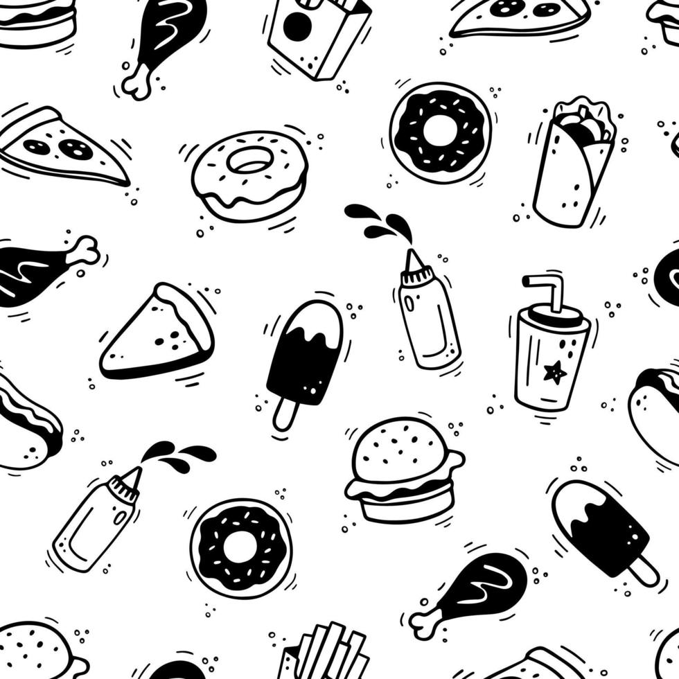 Fast-Food-Muster. handgezeichnetes nahtloses muster mit fast-food-elementen, burger, pizza, hotdog, donut, hähnchenkeule, pommes frites, saucenflasche. Comic-Doodle-Sketch-Stil. Vektor-Illustration vektor