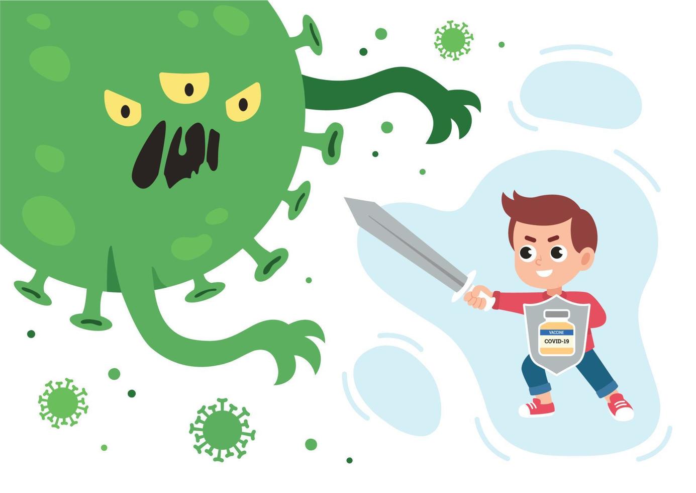 vaccinerade pojke med svärd och skydda stridande de coronavirus monster. vektor illustration av vaccination av barn i platt tecknad serie stil.