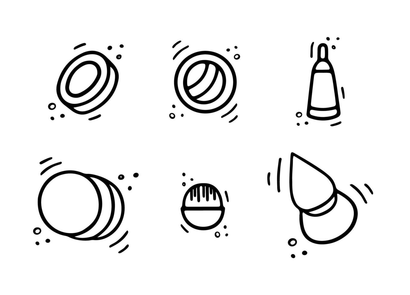 Kosmetik-Symbole. Make-up-Zeug, Puder, Lidschatten, Schwamm, Pinsel, Toncreme im Doodle-Stil. frauenmaterial, öko-mädchenzubehörkonzept. gezeichnete flache illustration des vektors hand lokalisiert auf weiß. vektor