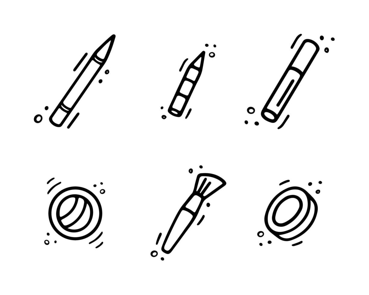 Kosmetik-Symbole. Schminkstifte, Lidschatten, Pinsel, Wimperntusche im Doodle-Stil. frauenmaterial, öko-mädchenzubehörkonzept. gezeichnete flache illustration des vektors hand lokalisiert auf weiß. vektor