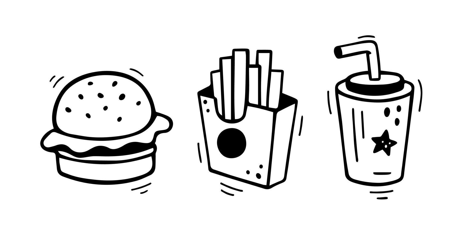 snabb mat ikoner uppsättning - hamburgare, franska pommes frites, papper kopp med dryck. hand dragen snabb mat kombo. komisk klotter skiss stil. vektor illustration