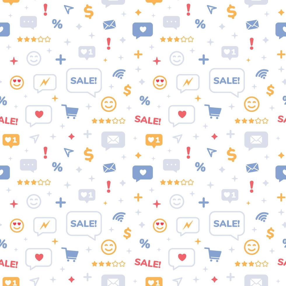 nahtloses muster des online-einkaufs mit emoji, lächeln, nachrichten, social media-elementen. Stoffstruktur, Textildesign im flachen Stil auf weißem Hintergrund. vektor