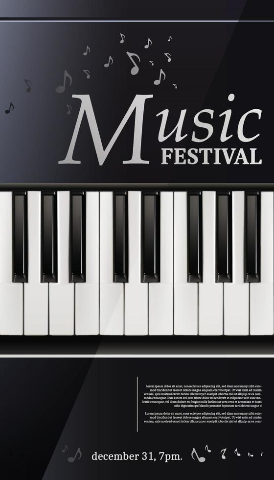 3d realistisk vektor musik festival affisch piano med tangentbord svart och vit.