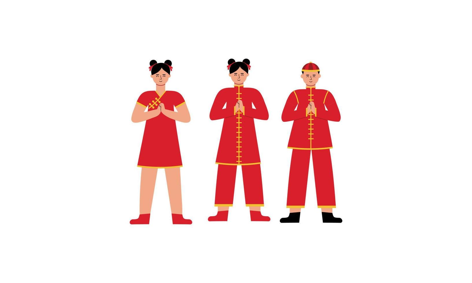 Lycklig kinesisk ny år kort med en unge bär kinesisk traditionell kostymer vektor