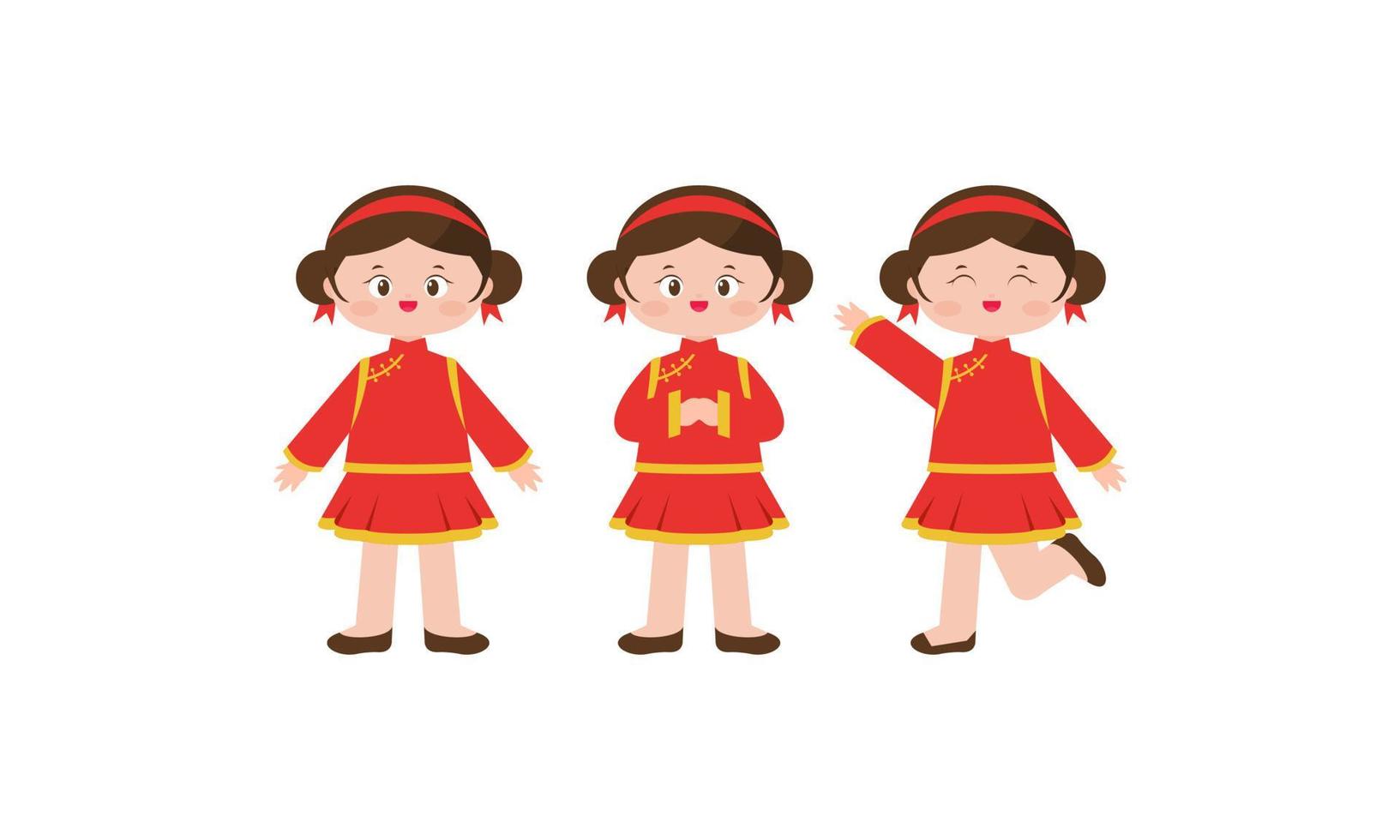 Lycklig kinesisk ny år kort med en unge bär kinesisk traditionell kostymer vektor