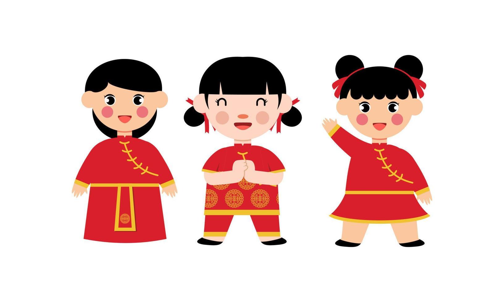 frohe chinesische neujahrskarte mit einem kind, das chinesische traditionelle kostüme trägt vektor