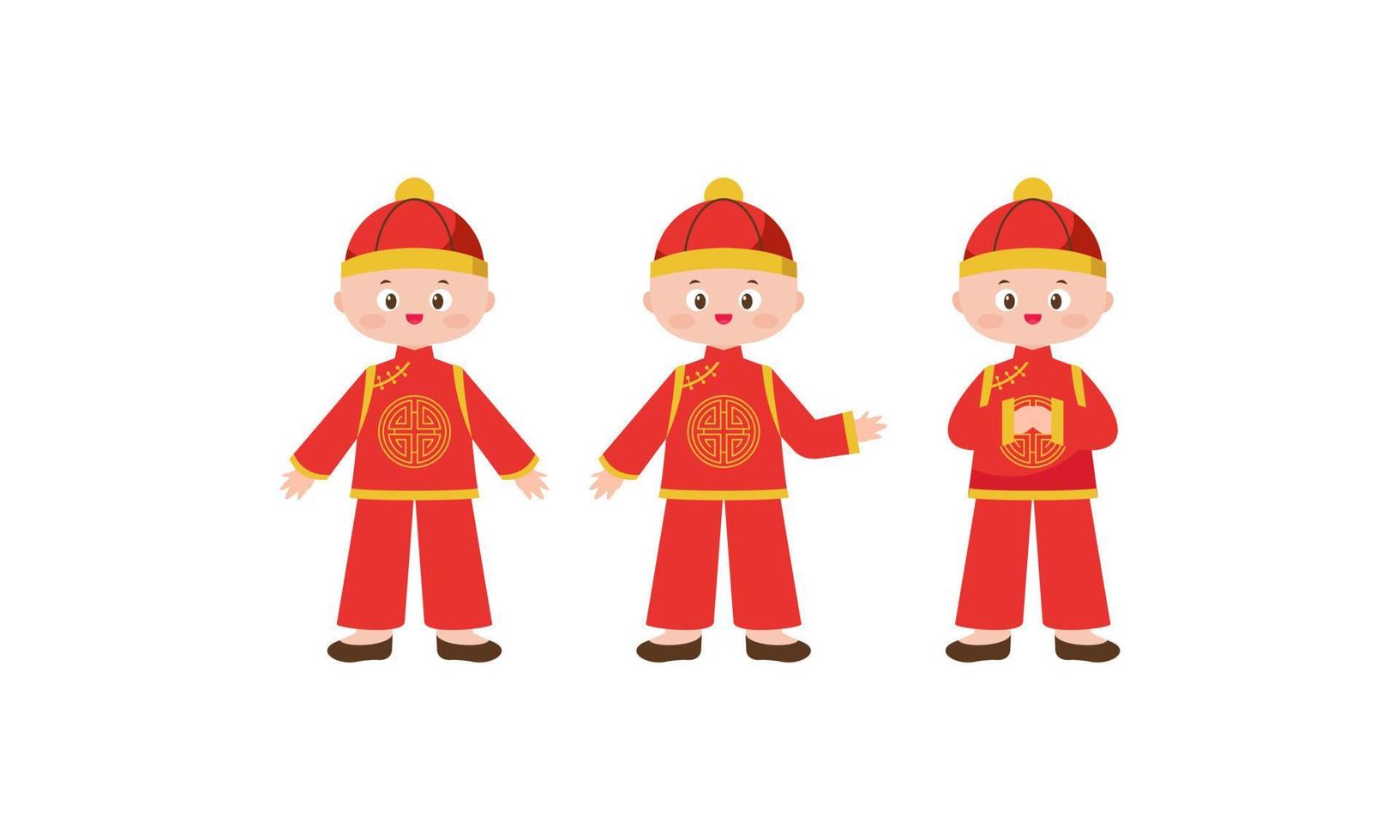 frohe chinesische neujahrskarte mit einem kind, das chinesische traditionelle kostüme trägt vektor