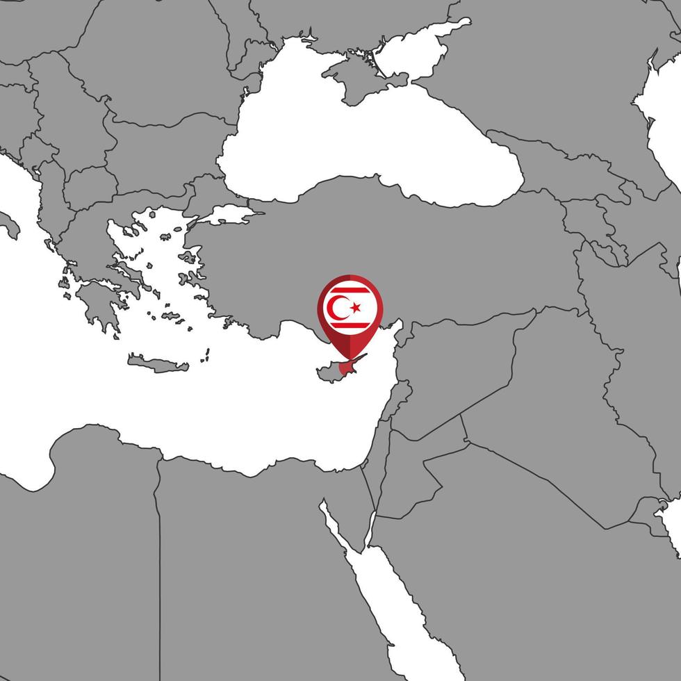 nålkarta med norra norra Cyperns flagga på världskartan. vektor illustration.