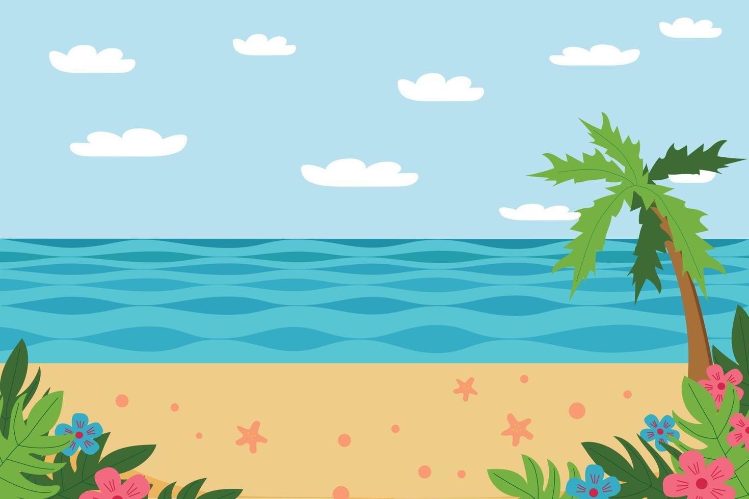 meer, strand und palmensommerlandschaft im flachen stil. Bannerhintergrund für Design. Urlaubsreise. blumen, tropische blätter, seesterne, platz für text, kopierraum vektor