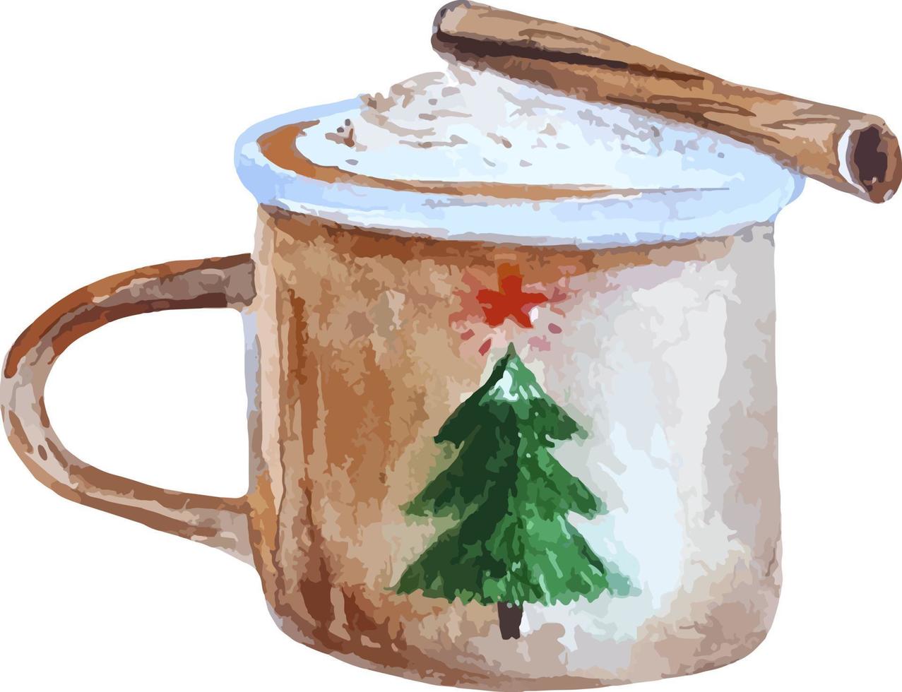 Weihnachtsbeige Tasse Kaffee mit handgezeichneter Aufklebertasse mit Zimtaquarell und immergrünem Baum darauf vektor