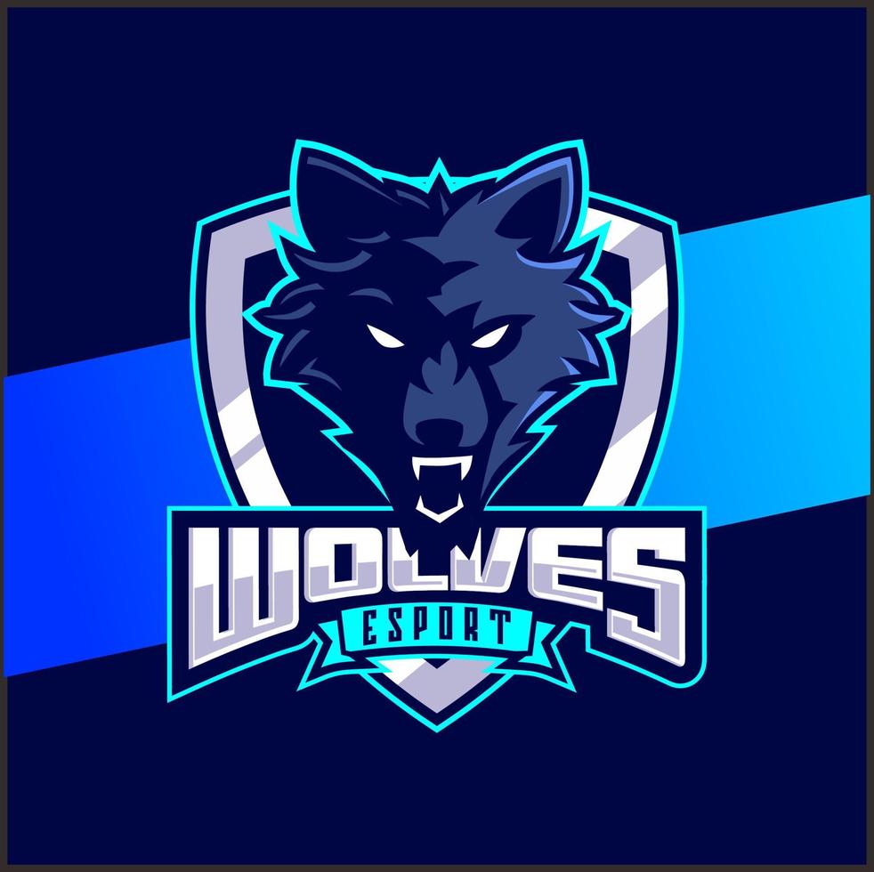 Wolfskopf-Maskottchen-Esport-Logo-Design, Wolfscharakter für Sport- und Gaming-Logo vektor