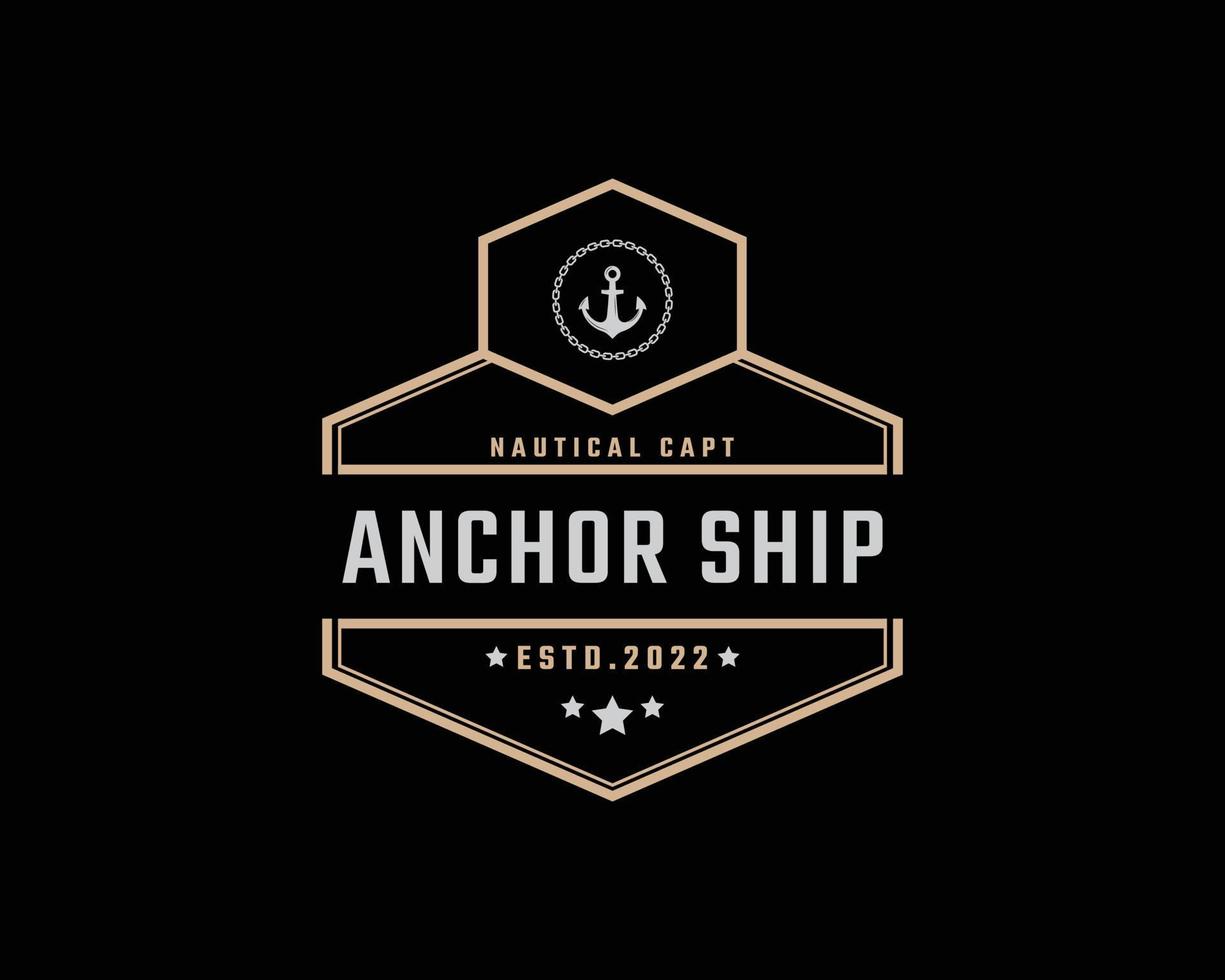 vintage retro abzeichen emblem ankerschiff boot logo design linearen stil auf schwarzem hintergrund vektor