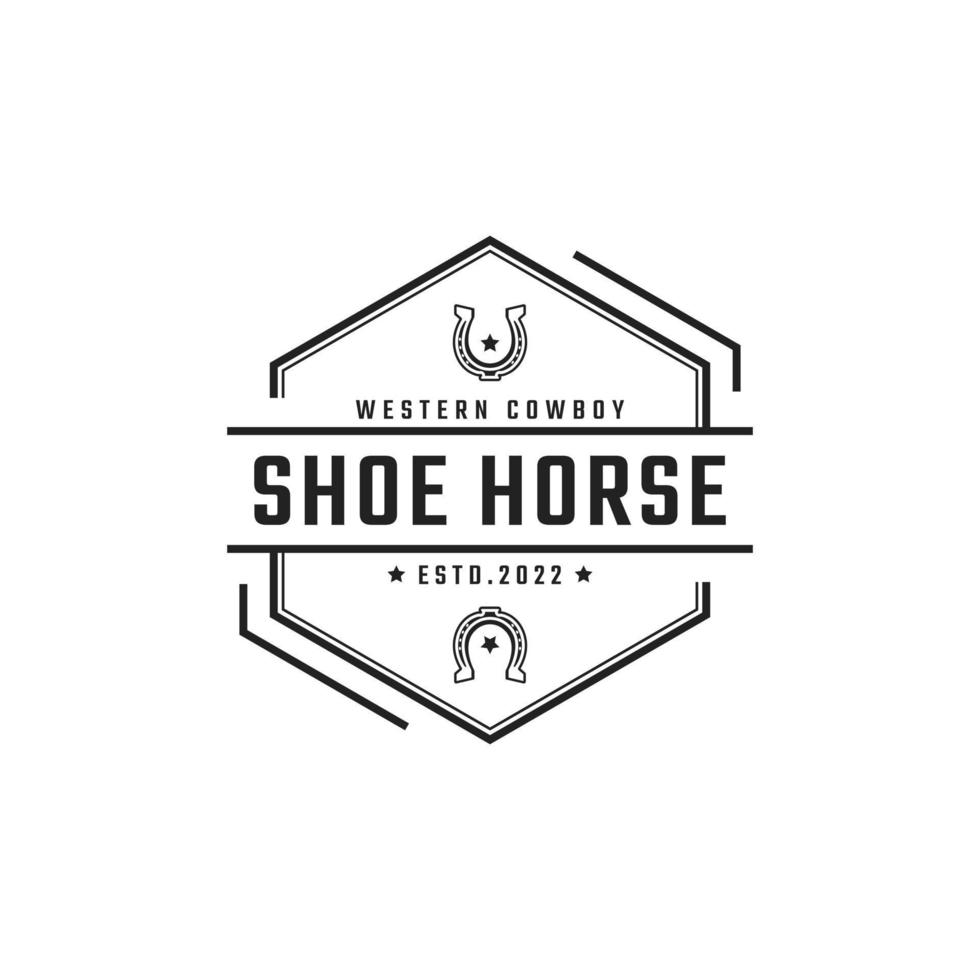 årgång retro bricka emblem sko häst för Land, Västra ,cowboy ranch logotyp design linjär stil vektor