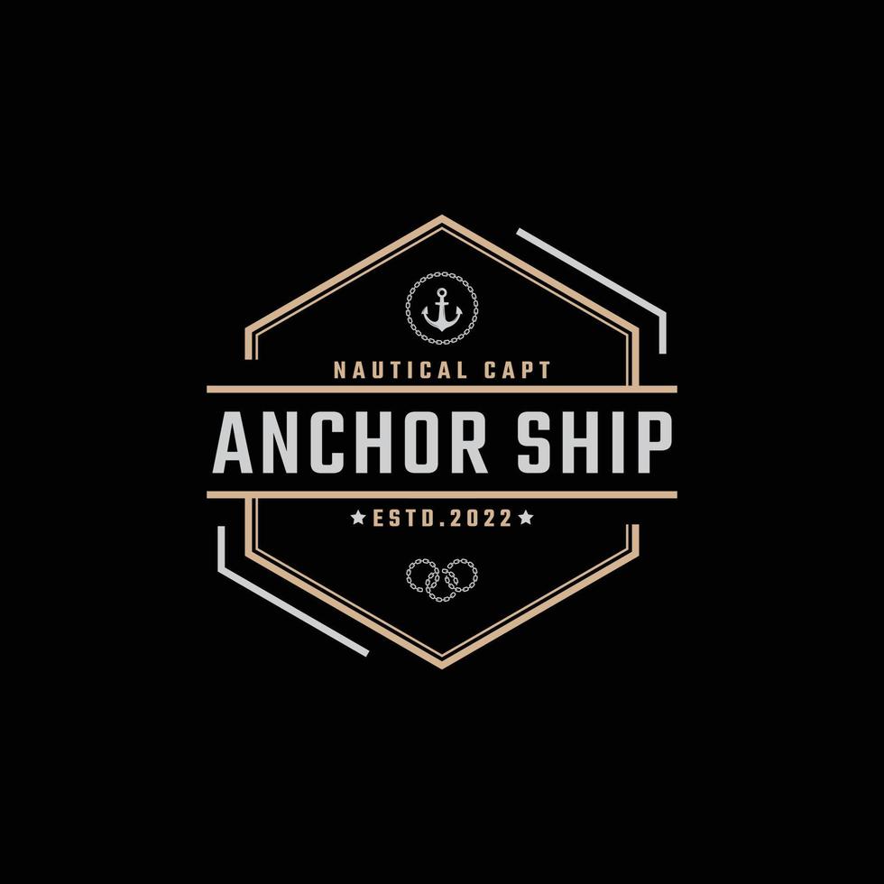 vintage retro abzeichen emblem ankerschiff boot logo design linearen stil auf schwarzem hintergrund vektor