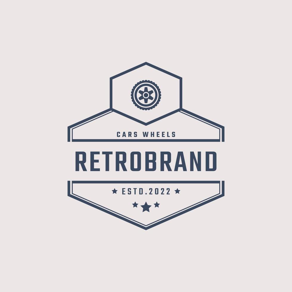 Vintage-Retro-Abzeichen-Emblem-Logo-Auto-Rad-Logo mit Reifen-Silhouette-Design im linearen Stil vektor