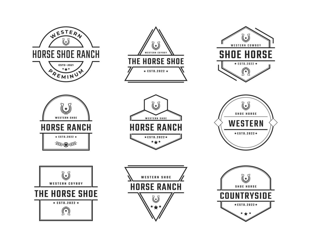 årgång retro bricka emblem sko häst för Land, Västra ,cowboy ranch logotyp design linjär stil vektor