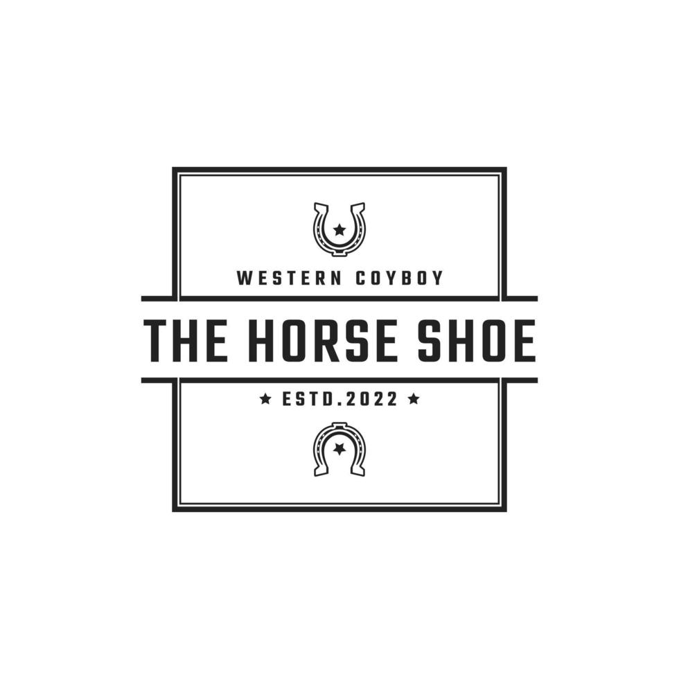 årgång retro bricka emblem sko häst för Land, Västra ,cowboy ranch logotyp design linjär stil vektor
