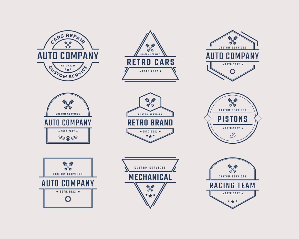 Vintage Retro Abzeichen Emblem Auto Auto Service Logo mit Kolben Silhouette Design linearen Stil vektor