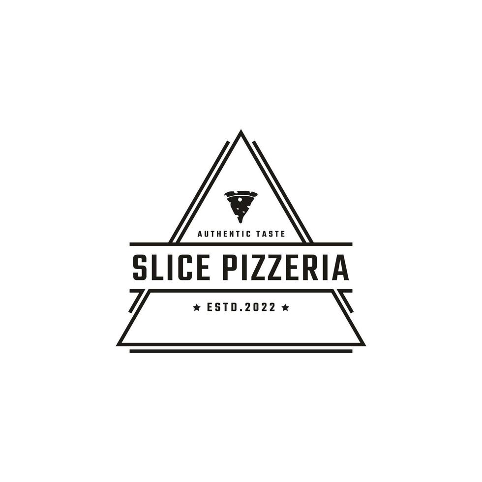 vintage retro abzeichen emblem pizzascheibe, pizzeria restaurant bar bistro logo design linearen stil vektor
