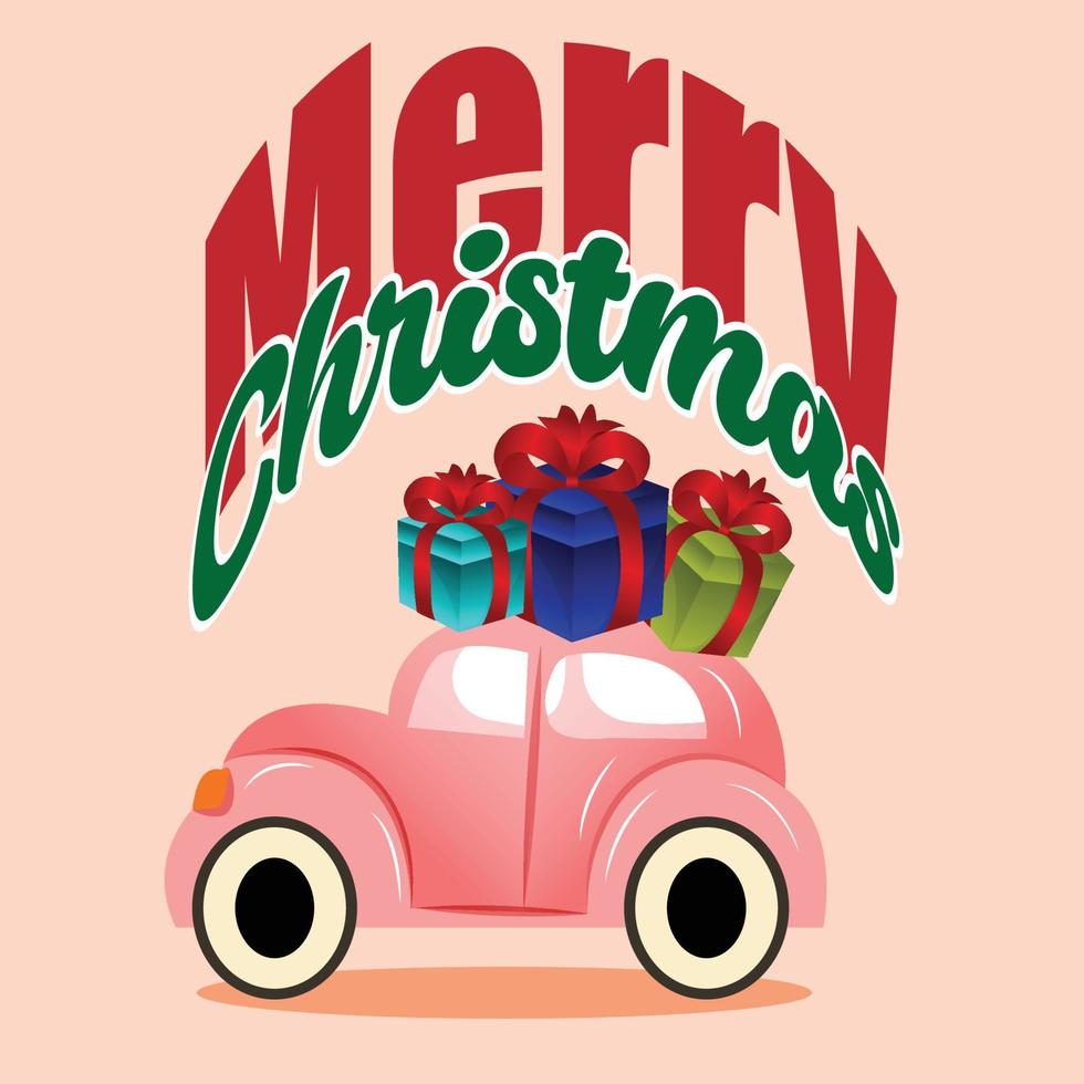 glad jul alla, årgång bakgrund med typografi, bil och gåvor. vektor