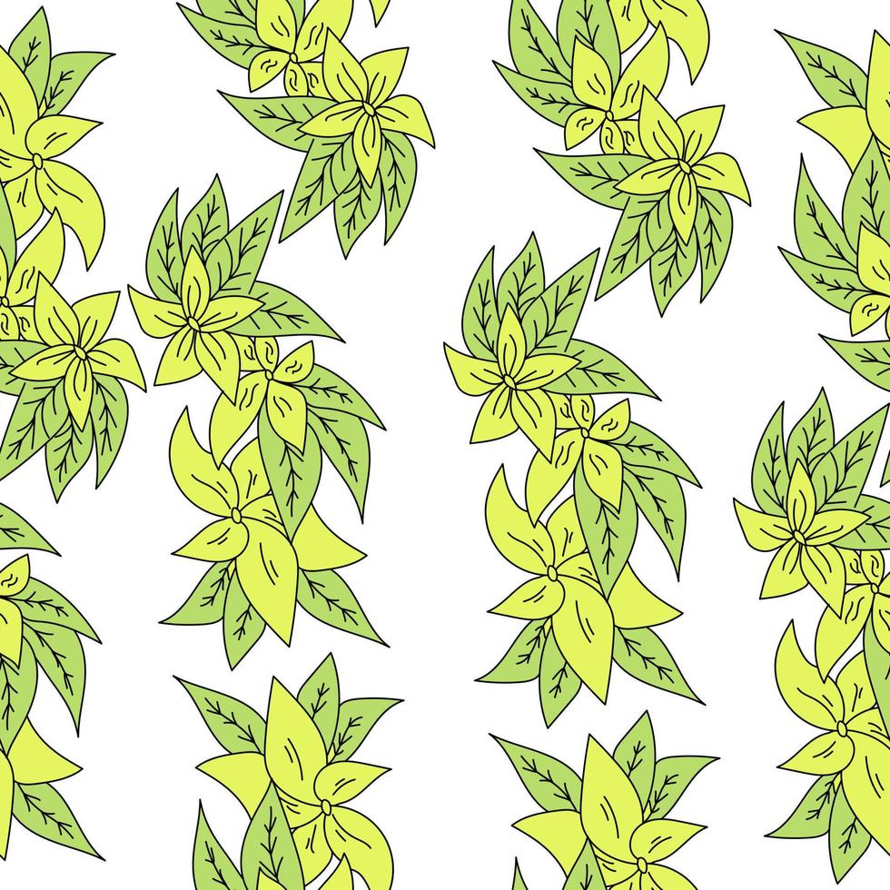 Nahtloses Muster aus vertikalen Reihen von Zweigen mit grünen Blättern und sanften gelben Blüten auf weißem Hintergrund vektor