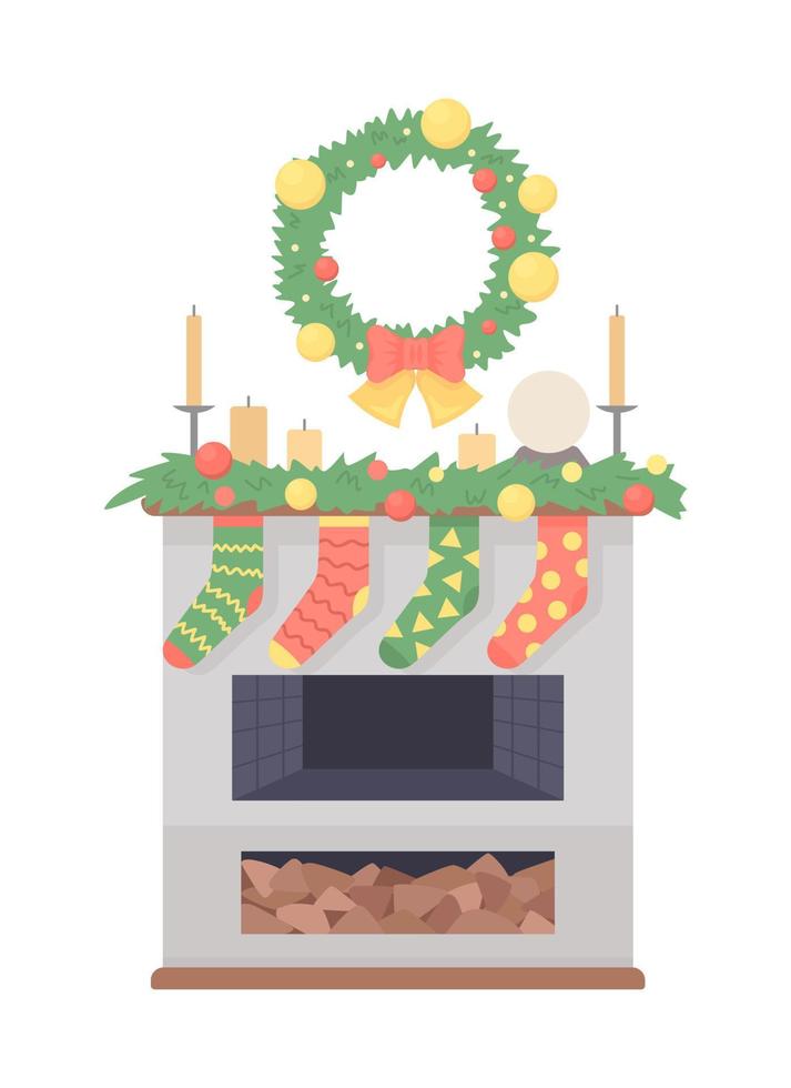 dekorierender kamin für gemütliche weihnachtsnacht halbflaches farbvektorobjekt. bearbeitbares Element. Artikel in voller Größe auf weiß. festliche einfache karikaturartillustration für webgrafikdesign und -animation vektor