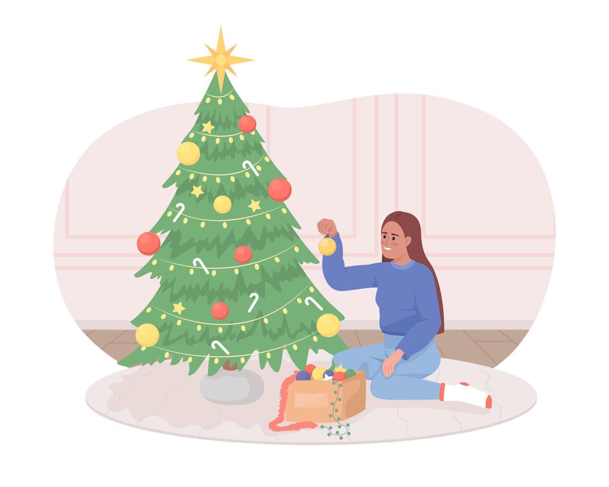 dekorera jul träd 2d vektor isolerat illustration. Lycklig platt karaktär på tecknad serie bakgrund. Semester förberedelse färgrik redigerbar scen för mobil, hemsida, presentation