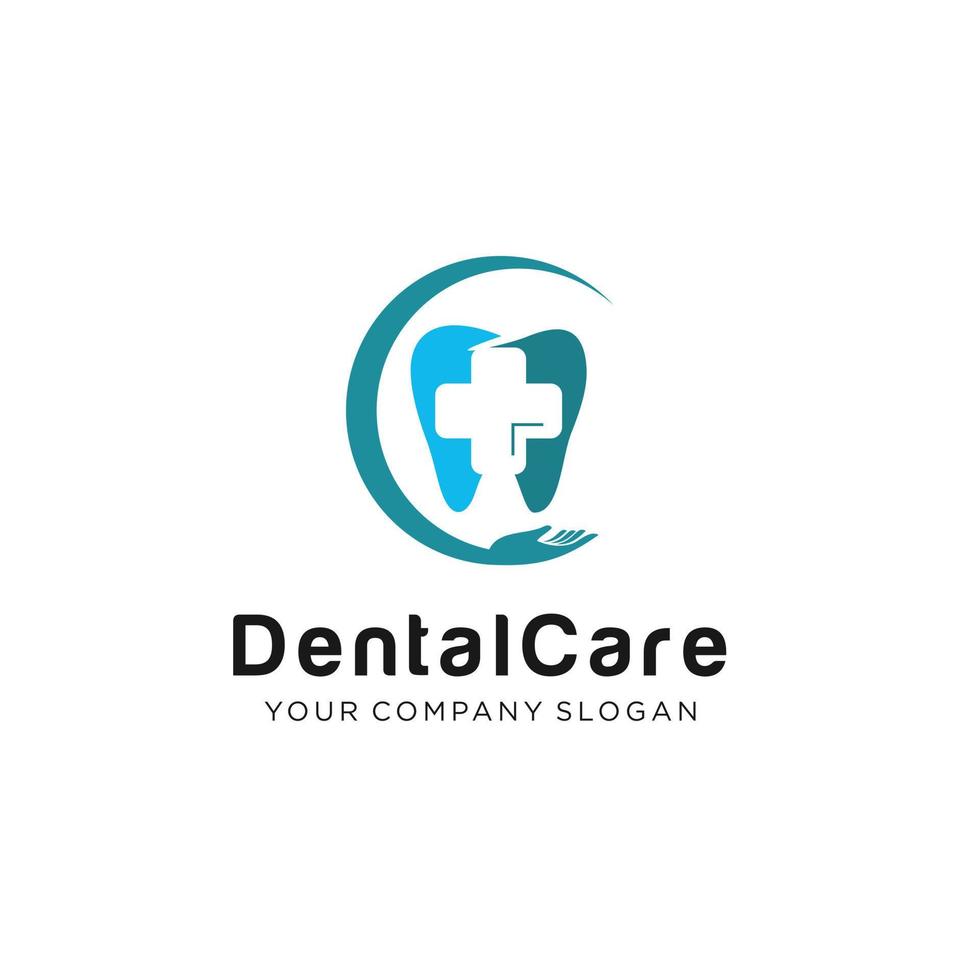 dental vård logotyp från abstrakt form tand och kram hand. tecken symbol för tandläkare klinik vård och sjukhus. vektor