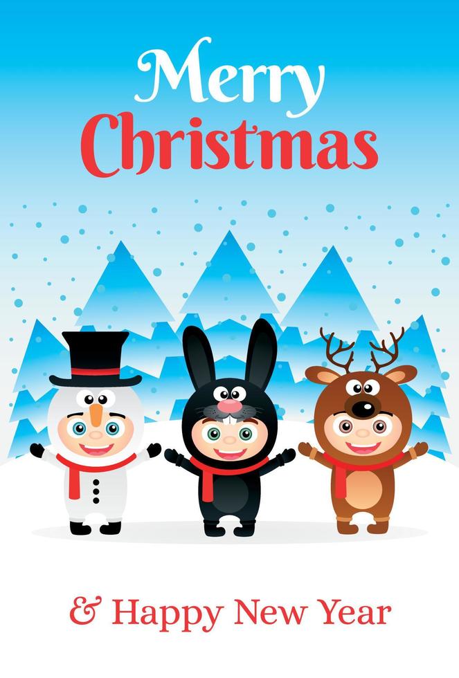 frohe weihnachten und ein frohes neues jahr plakat mit kindern in kostümen schneemann, hase und hirsch vektor
