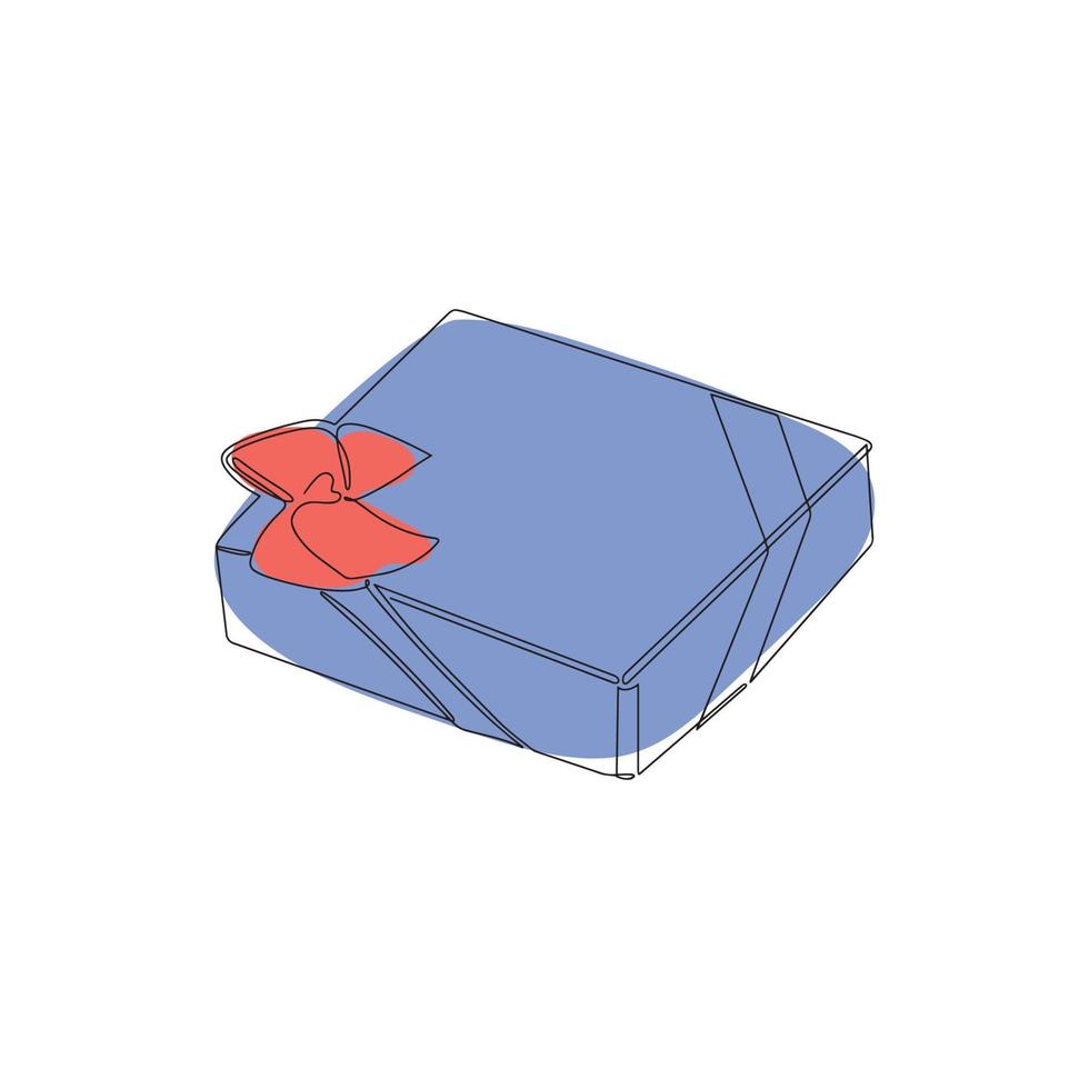 ett kontinuerlig linje teckning av en jul gåva låda med band och rosett. en festlig gåva och insvept paket är en överraskning i en enkel linjär stil. vektor illustration