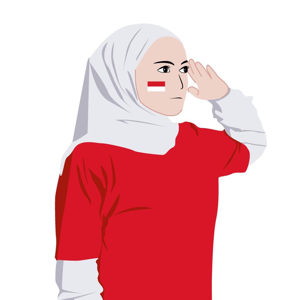 leende ung asiatisk muslim kvinna i röd vit tshirt fira indonesiska oberoende dag på 17 augusti med respektfull händer vektor png