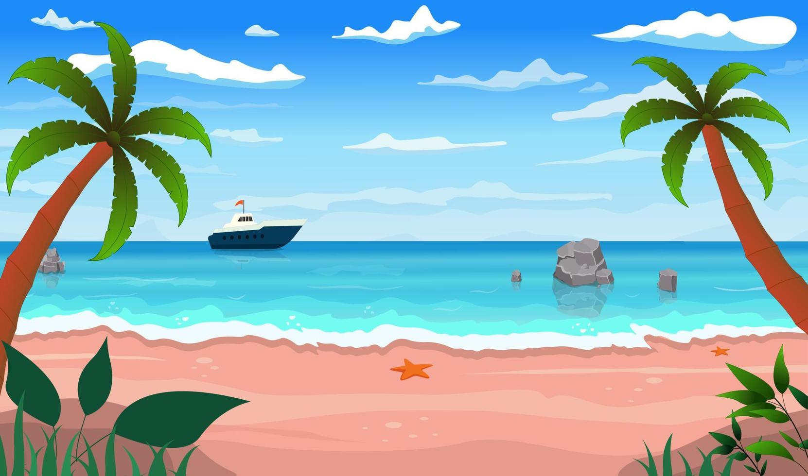 karikatursommerstrand, küstenlandschaft, tropische strandentspannung, vektorhintergrundillustration. vektor