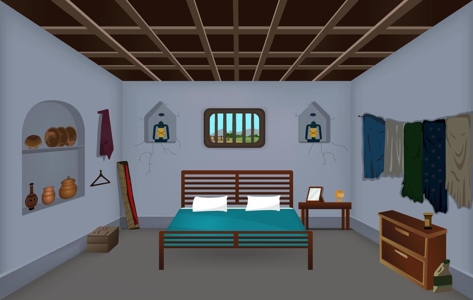Dorfzimmer innerhalb des Karikaturhintergrundvektors, Innenvektorillustrationen des Armenhauszimmers. vektor