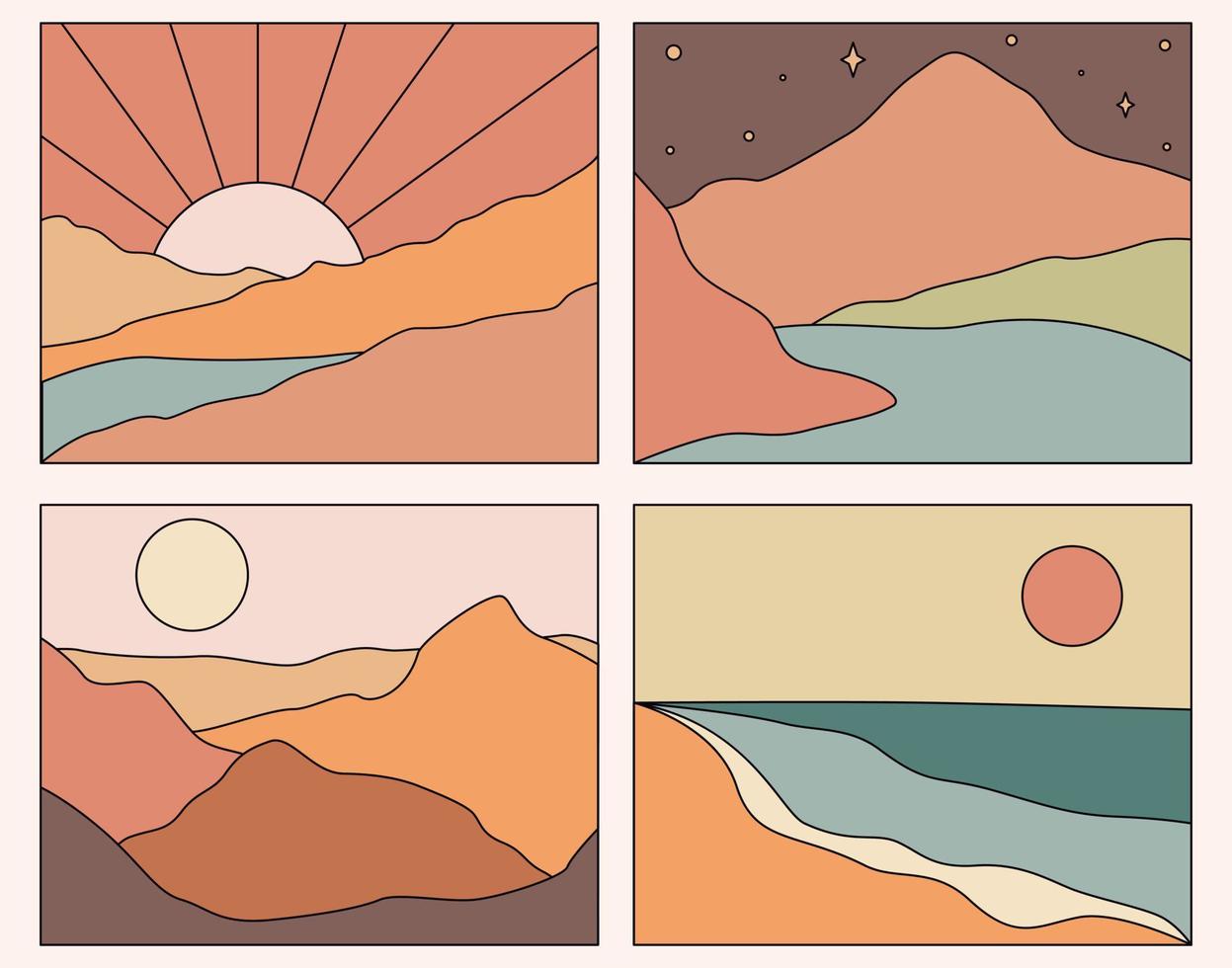 linjär boho landskap. minimal scen i de bergen dag och natt. häftig affisch. modern konst. abstrakt landskap. estetisk berg, sjö, stjärnor. stock vektor illustration