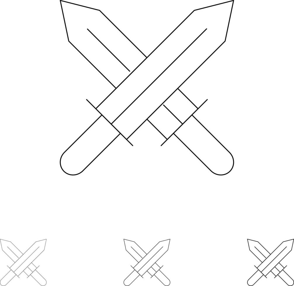 Schwert Irland Schwerter Fett und dünne schwarze Linie Symbolsatz vektor