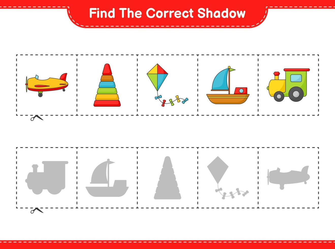 Finden Sie den richtigen Schatten. Finde und kombiniere den richtigen Schatten von Pyramidenspielzeug, Zug, Drachen, Flugzeug und Boot. pädagogisches kinderspiel, druckbares arbeitsblatt, vektorillustration vektor