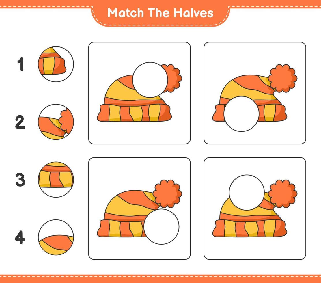 match de halvor. match halvor av hatt. pedagogisk barn spel, tryckbar arbetsblad, vektor illustration