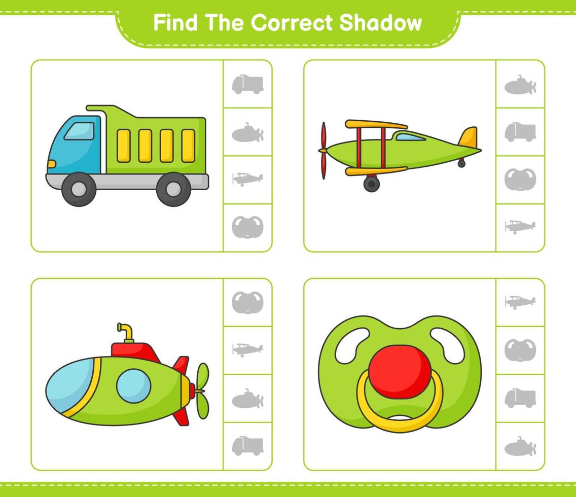Finden Sie den richtigen Schatten. Finde und kombiniere den richtigen Schatten von LKW, Flugzeug, U-Boot und Schnuller. pädagogisches kinderspiel, druckbares arbeitsblatt, vektorillustration vektor