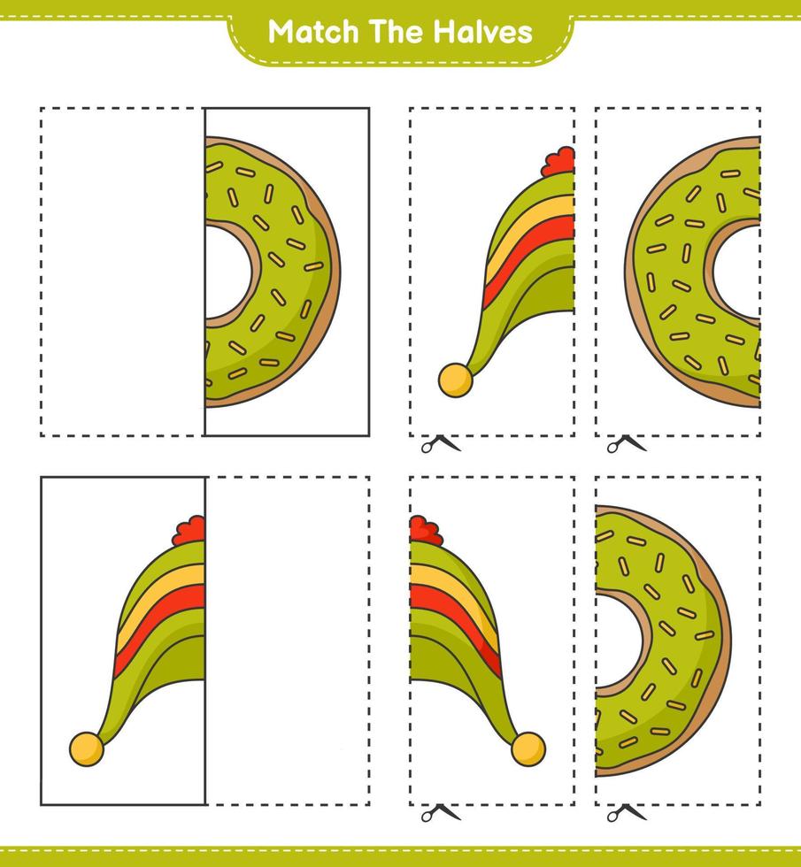 match de halvor. match halvor av munk och hatt. pedagogisk barn spel, tryckbar arbetsblad, vektor illustration