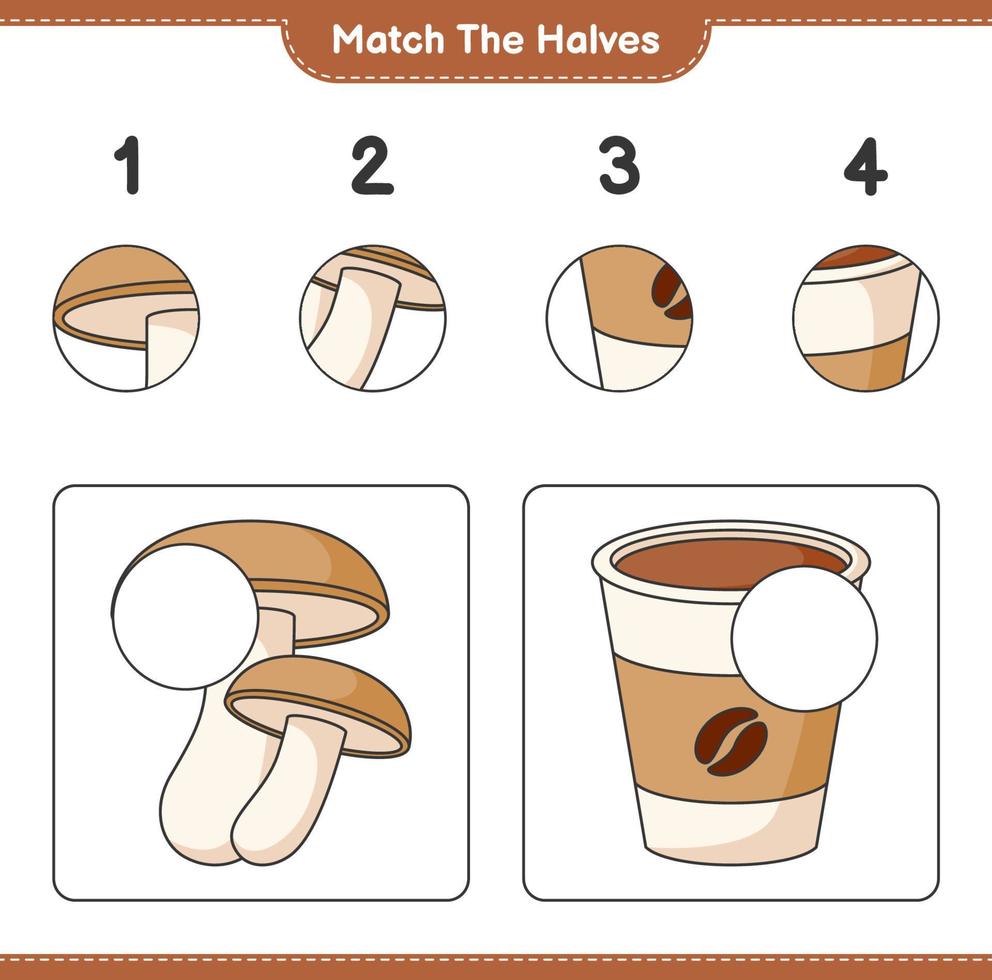 match de halvor. match halvor av shiitake och kaffe kopp. pedagogisk barn spel, tryckbar arbetsblad, vektor illustration